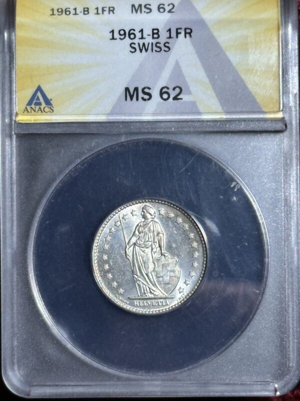 1961 Swiss 1 Franc coin, MS62 graded.