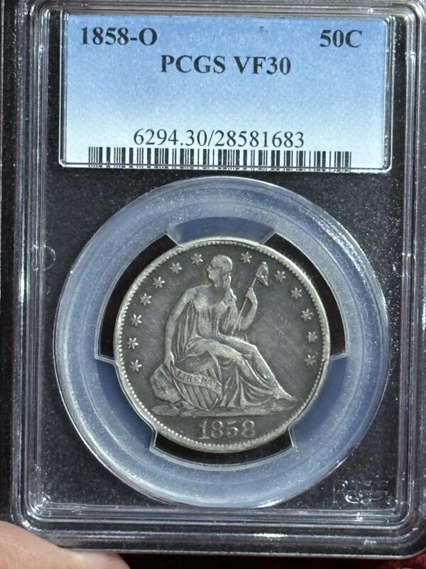 1858-O half dollar graded PCGS VF30.